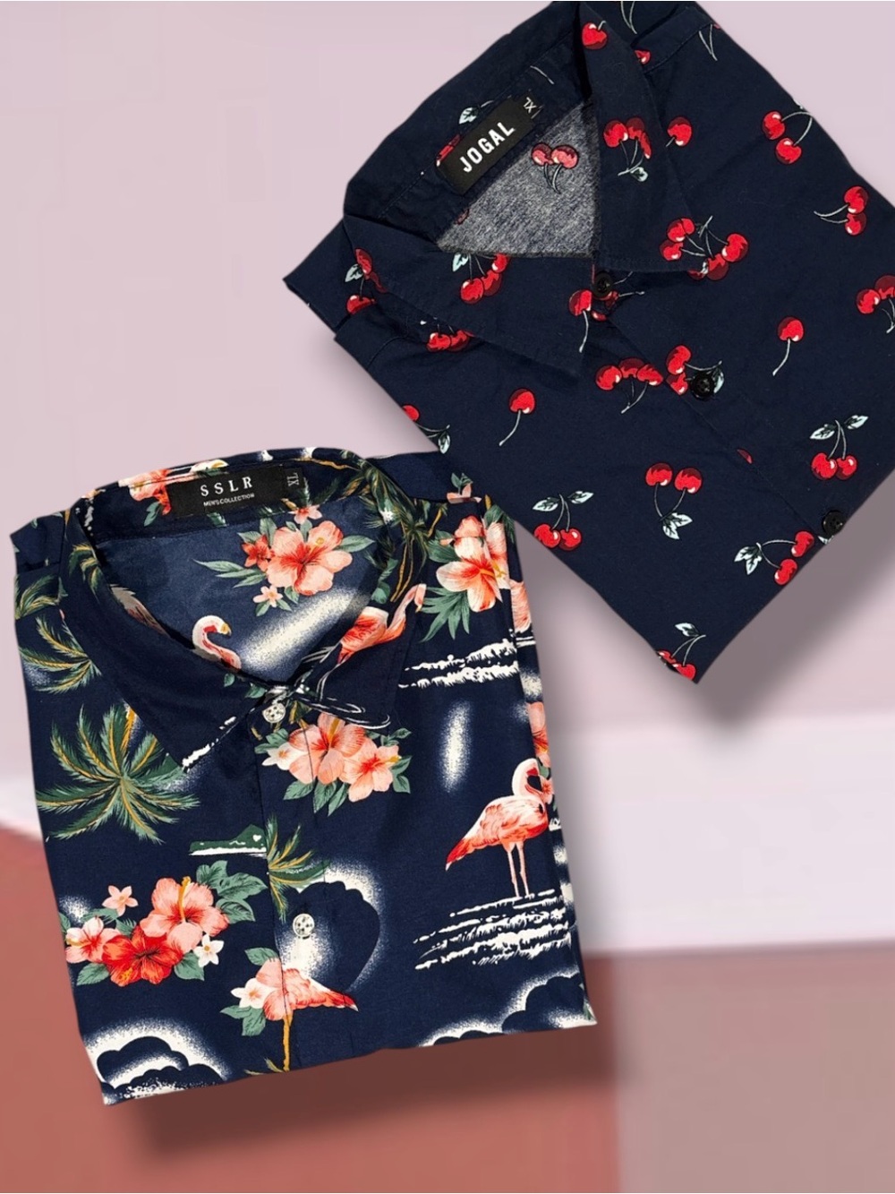 ⁠SSLR & JOGAL Men's XL Short Sleeve Button Down Shirt Set Flamingo Cherry 2p